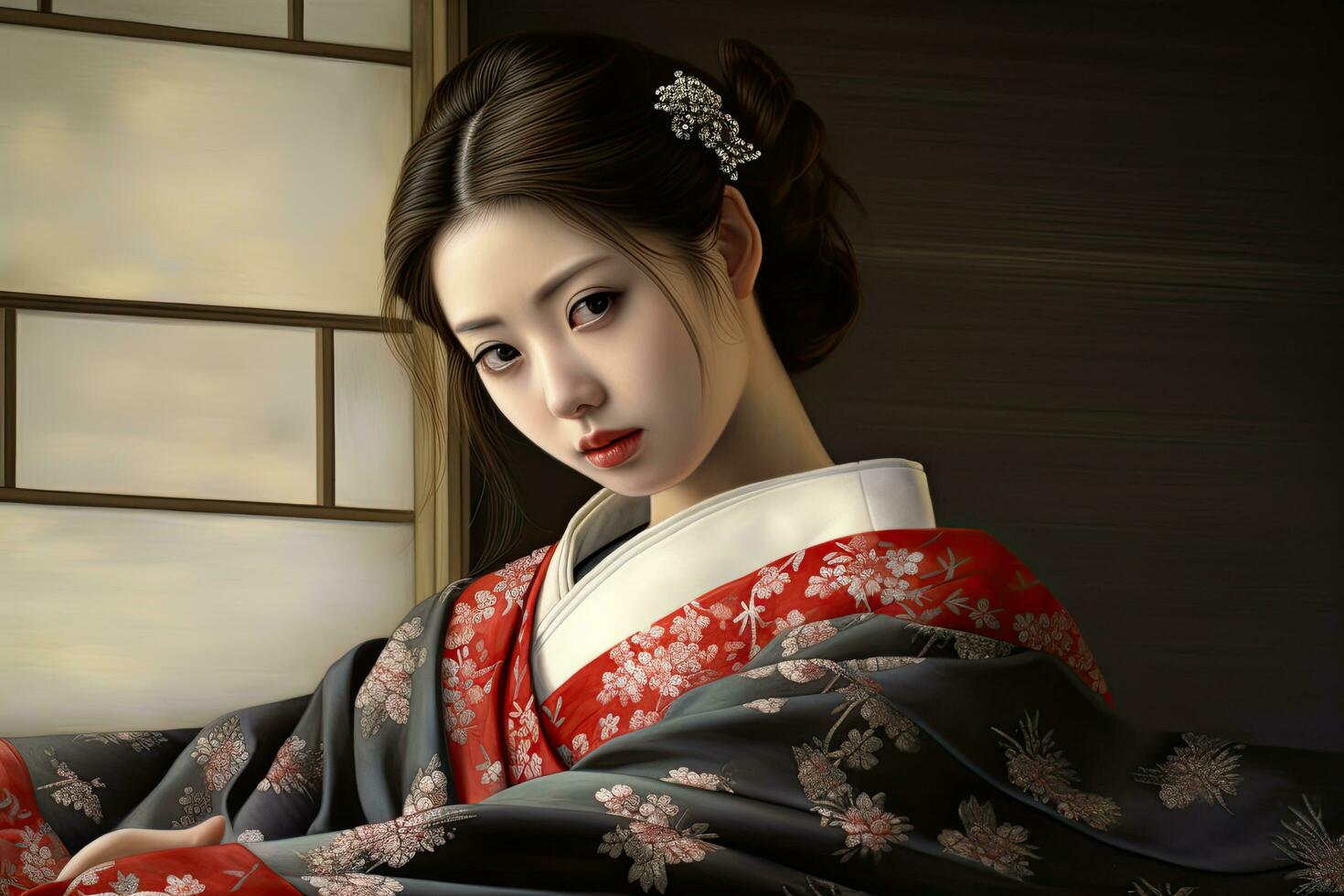 ai généré 3d illustration de une Japonais geisha dans une traditionnel robe, ai généré photo