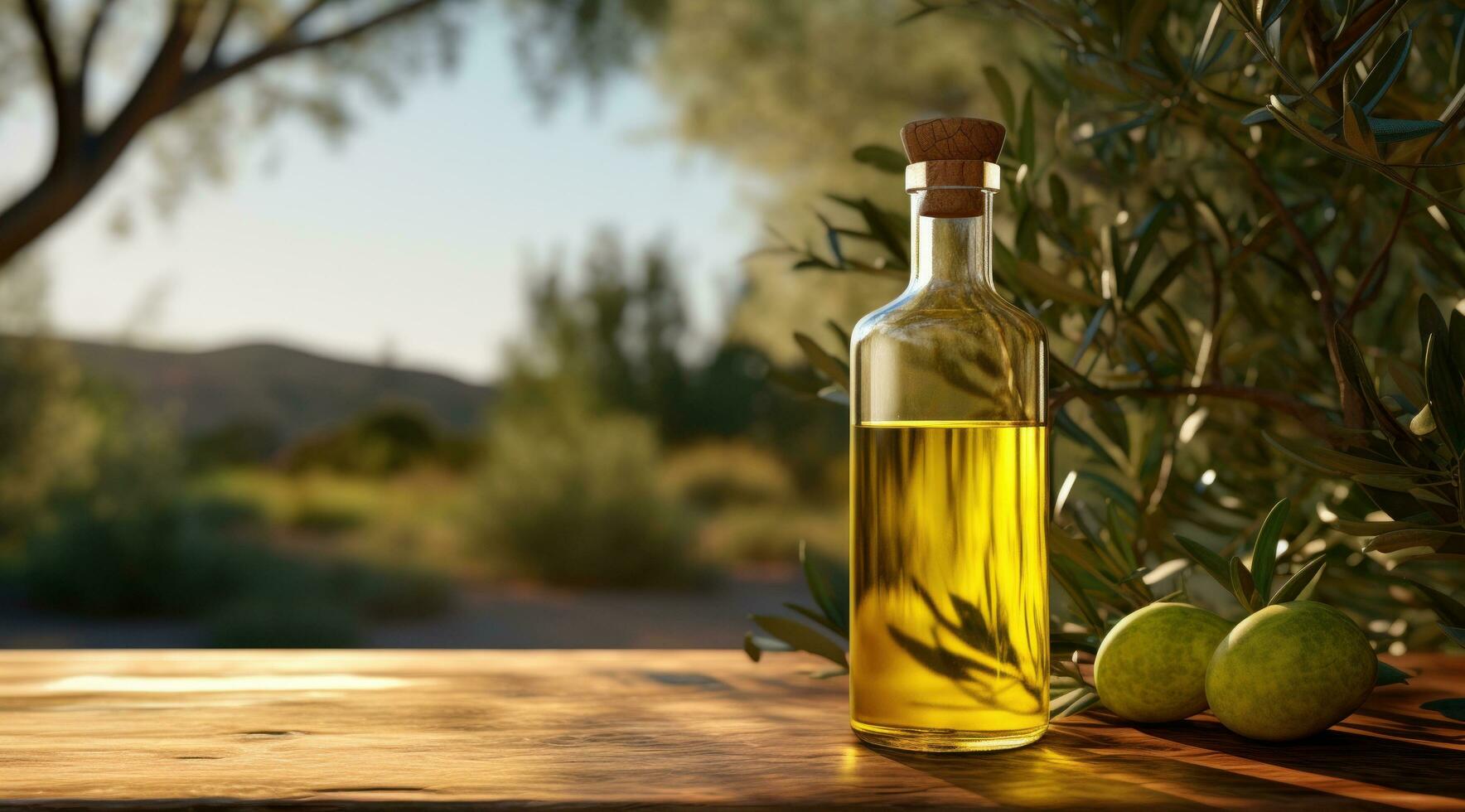 ai généré olive pétrole bouteille sur une en bois table dans le verger photo