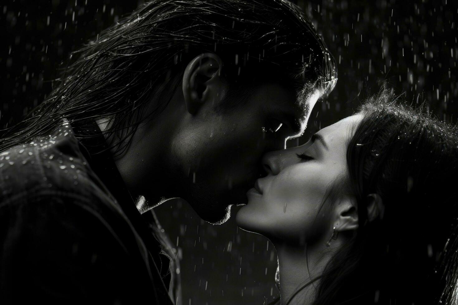 ai généré portrait de magnifique Jeune couple embrasser en dessous de pluie. noir et blanc, une noir et blanc portrait de une couple partage une passionné baiser dans le pluie, ai généré photo