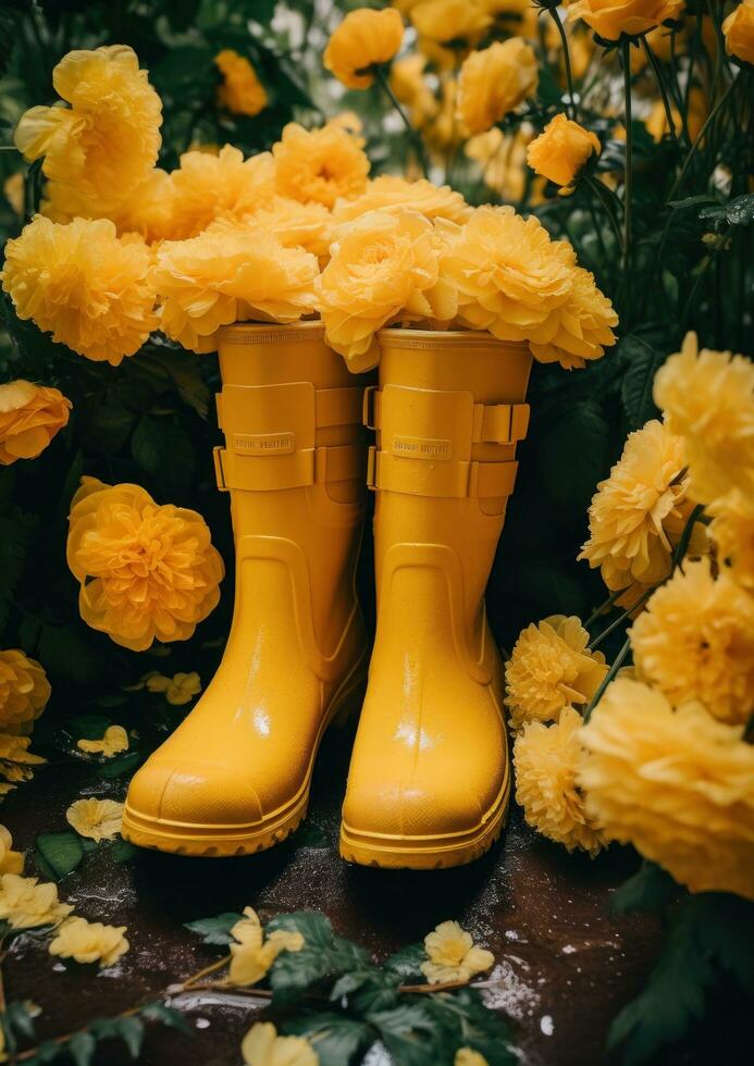 ai généré Jaune bottes avec fleurs photo