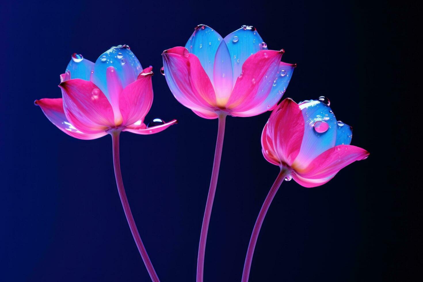 ai généré Trois fleur bourgeons avec l'eau gouttelette contre une bleu Contexte photo