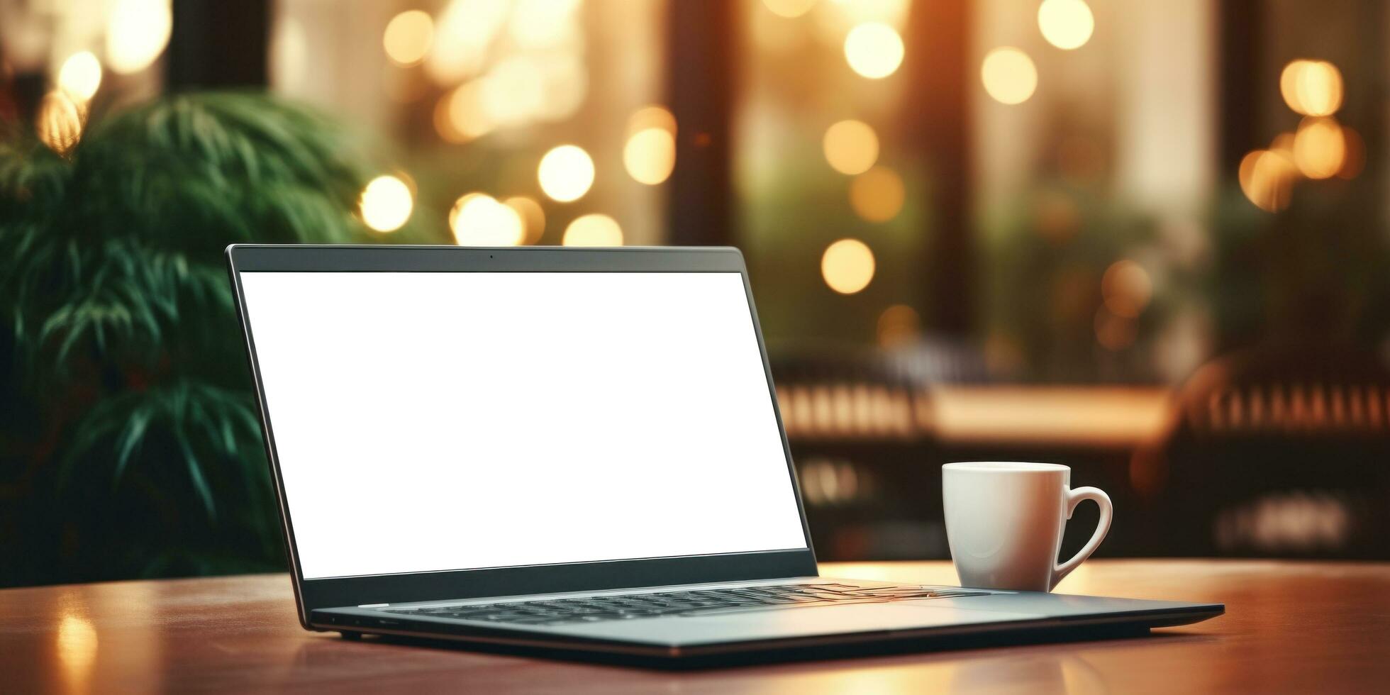 ai généré une noir portable ordinateur sur Haut de un vide tasse avec Noël arbre photo