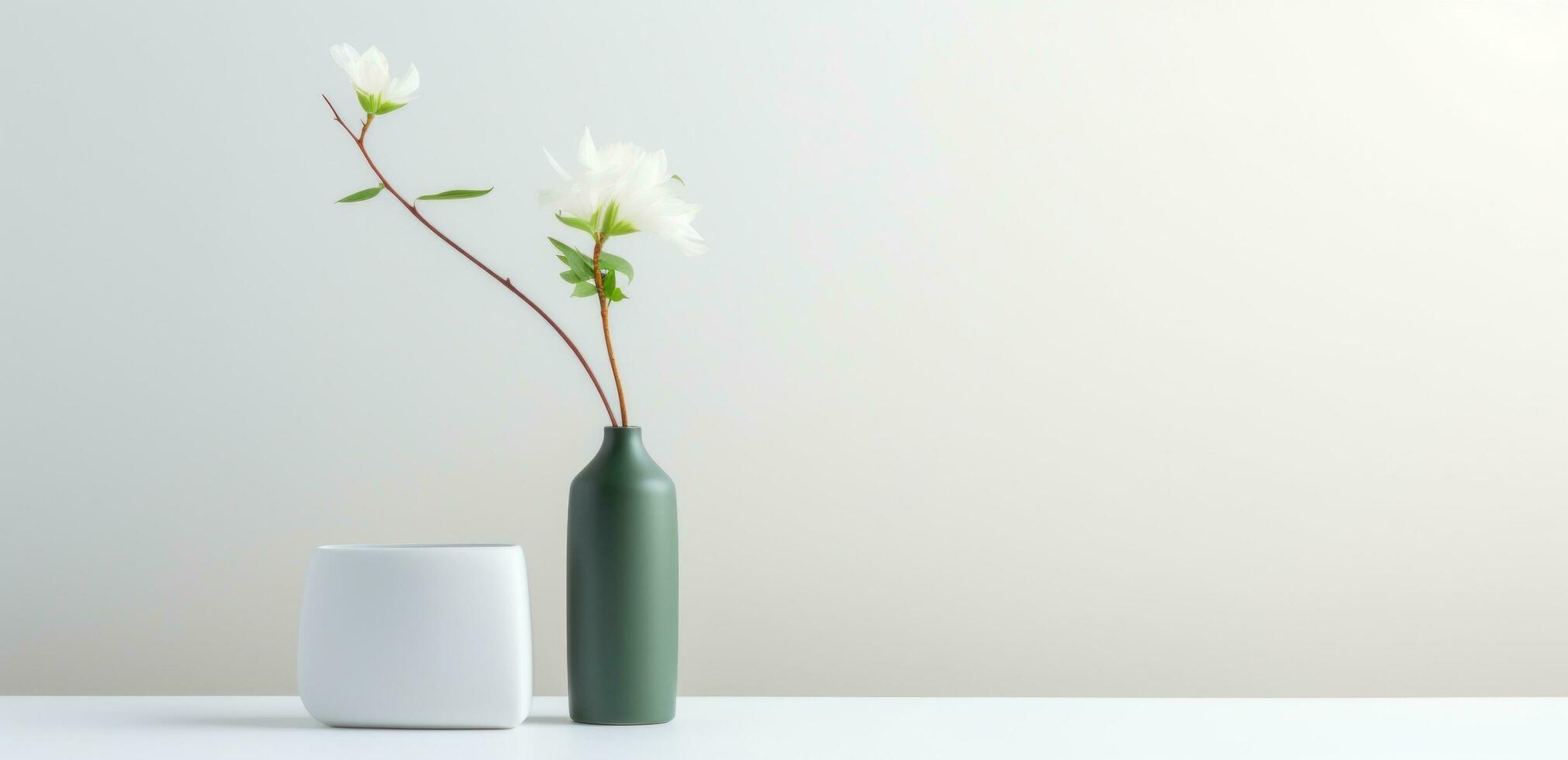 ai généré une blanc vase séance sur une table contre une blanc mur photo