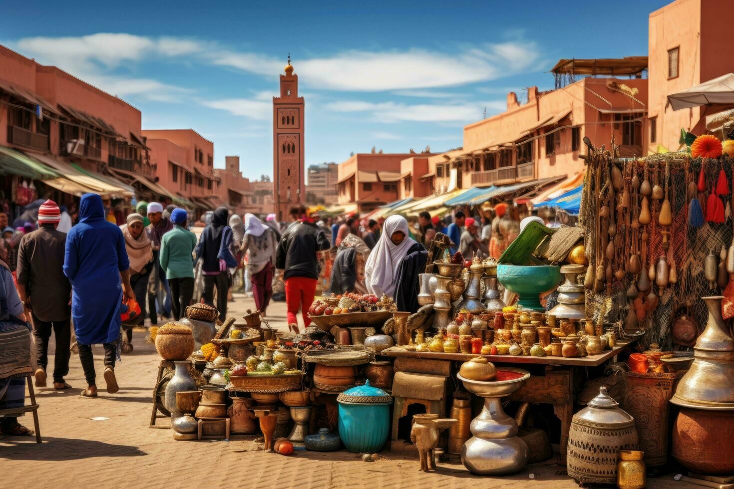 ai généré marché dans Marrakech, Maroc, une animé marché dans une marocain ville, ai généré photo