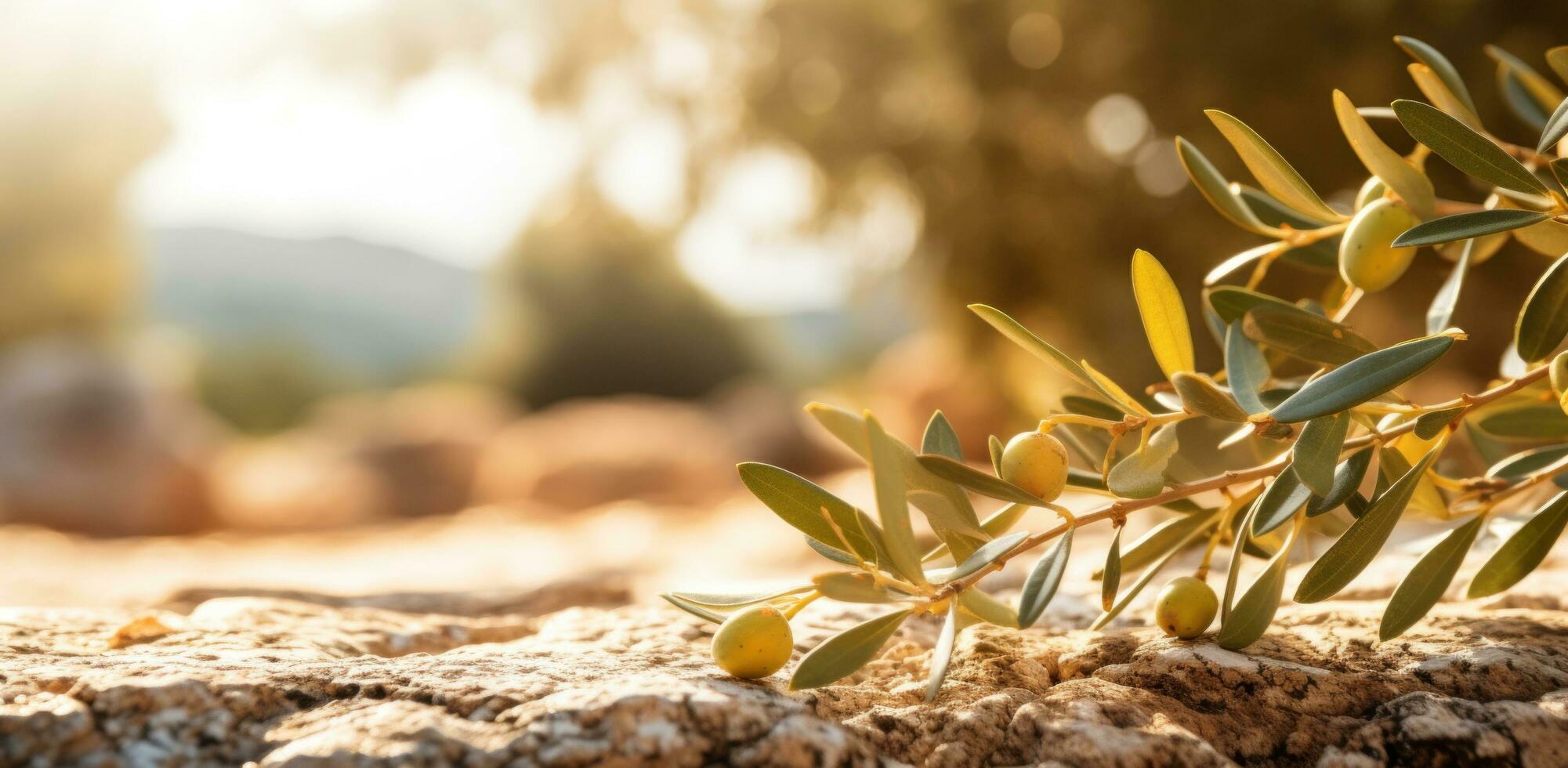 ai généré olive feuilles croissance sur une arbre à lever du soleil photo