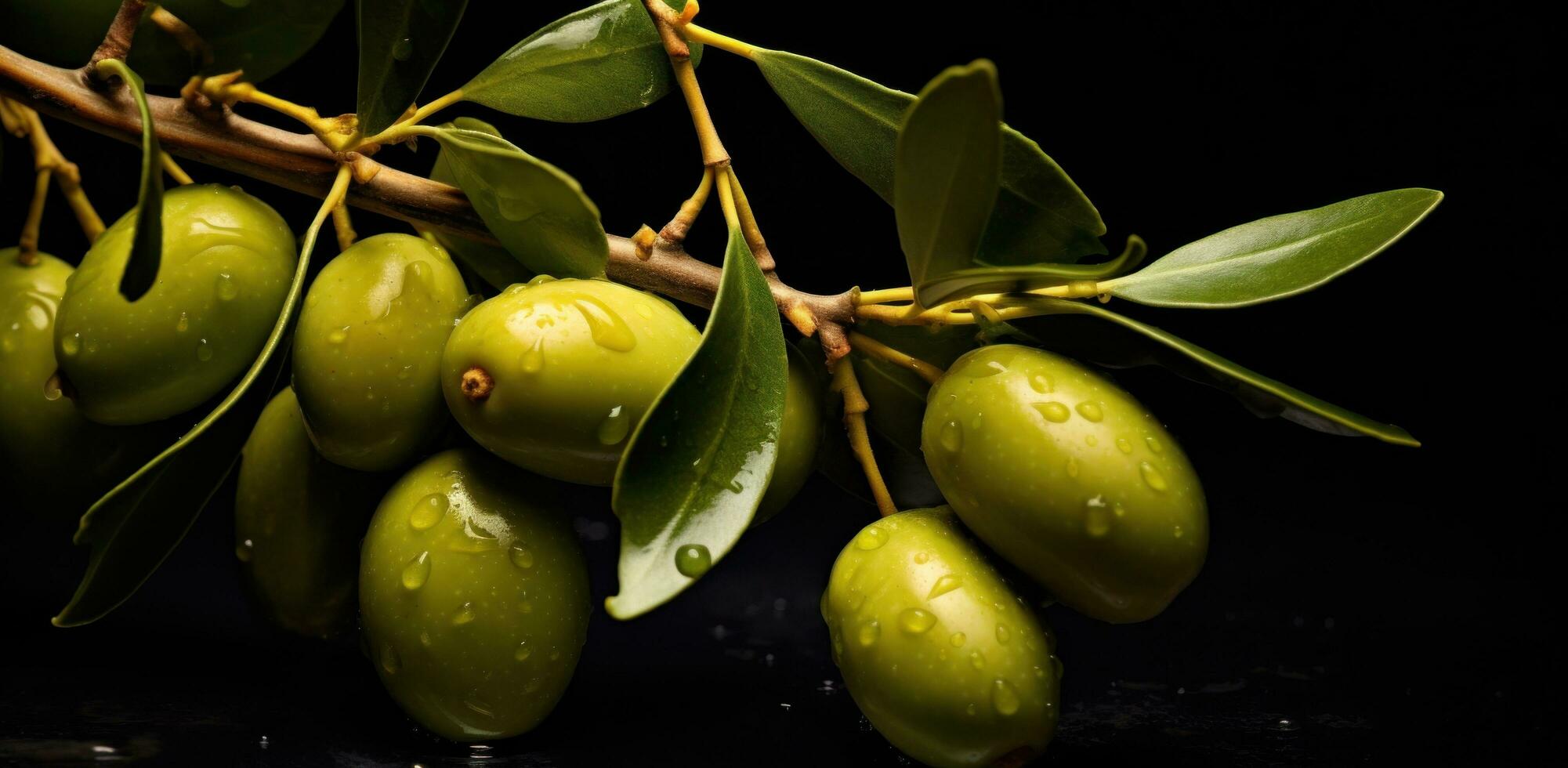 ai généré olive fruit sur foncé vert branches photo