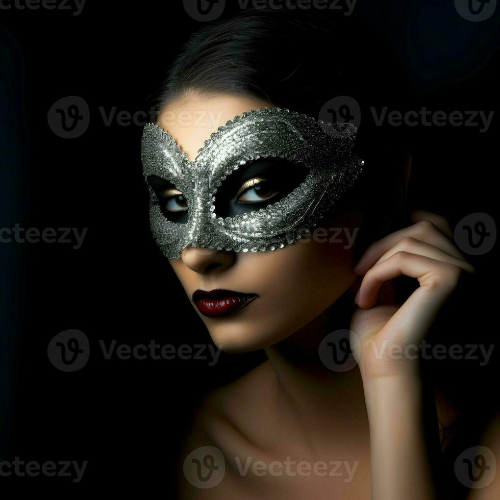 ai généré portrait de femme avec carnaval masque amusement à mardi gras fête photo
