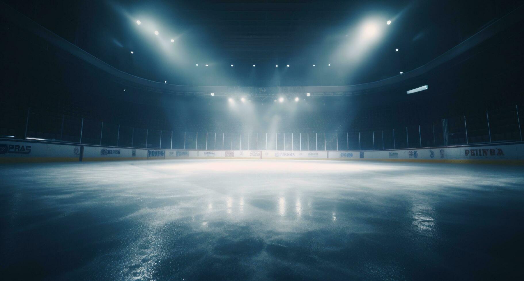 ai généré le projecteurs réfléchir sur un la glace le hockey objectif photo