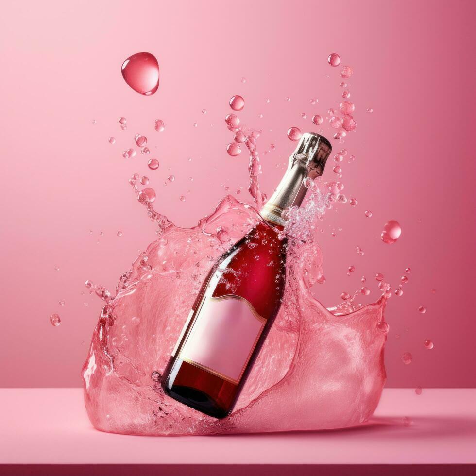ai généré rose du vin bouteille dans une rose l'eau éclaboussure avec bulles dans le mousse photo