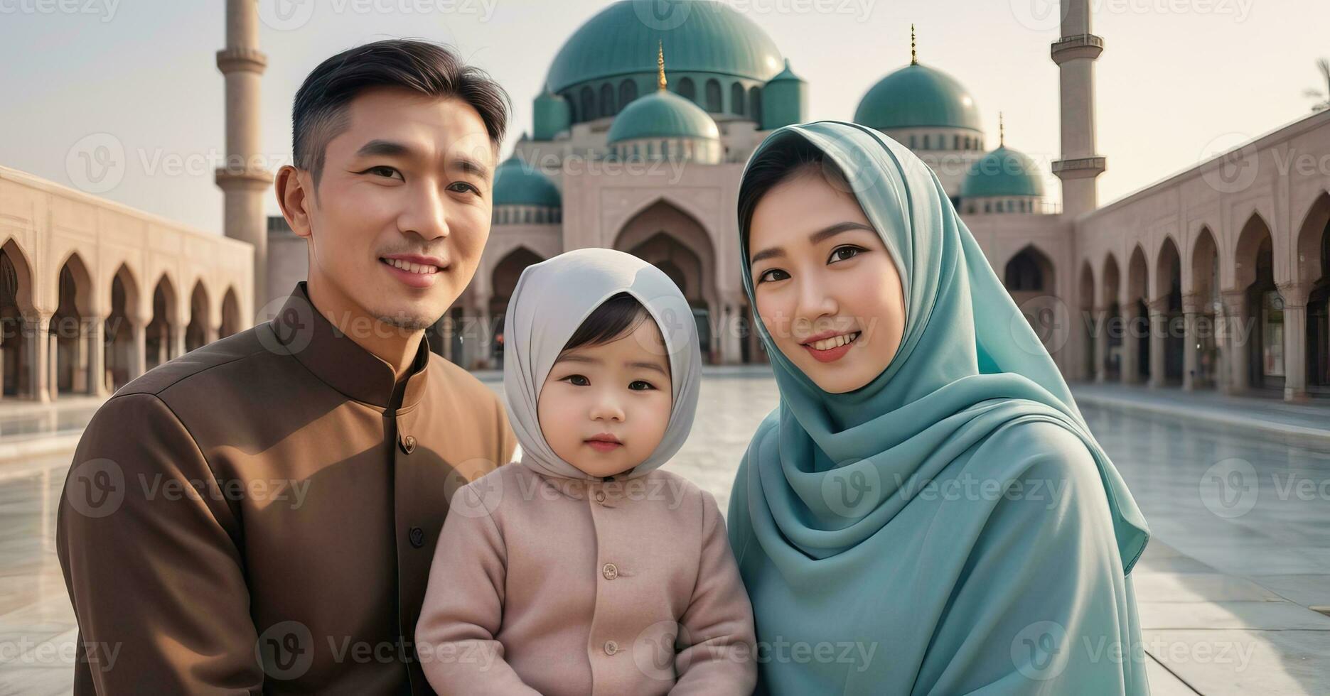 ai généré asiatique famille dans de face de mosquée photo