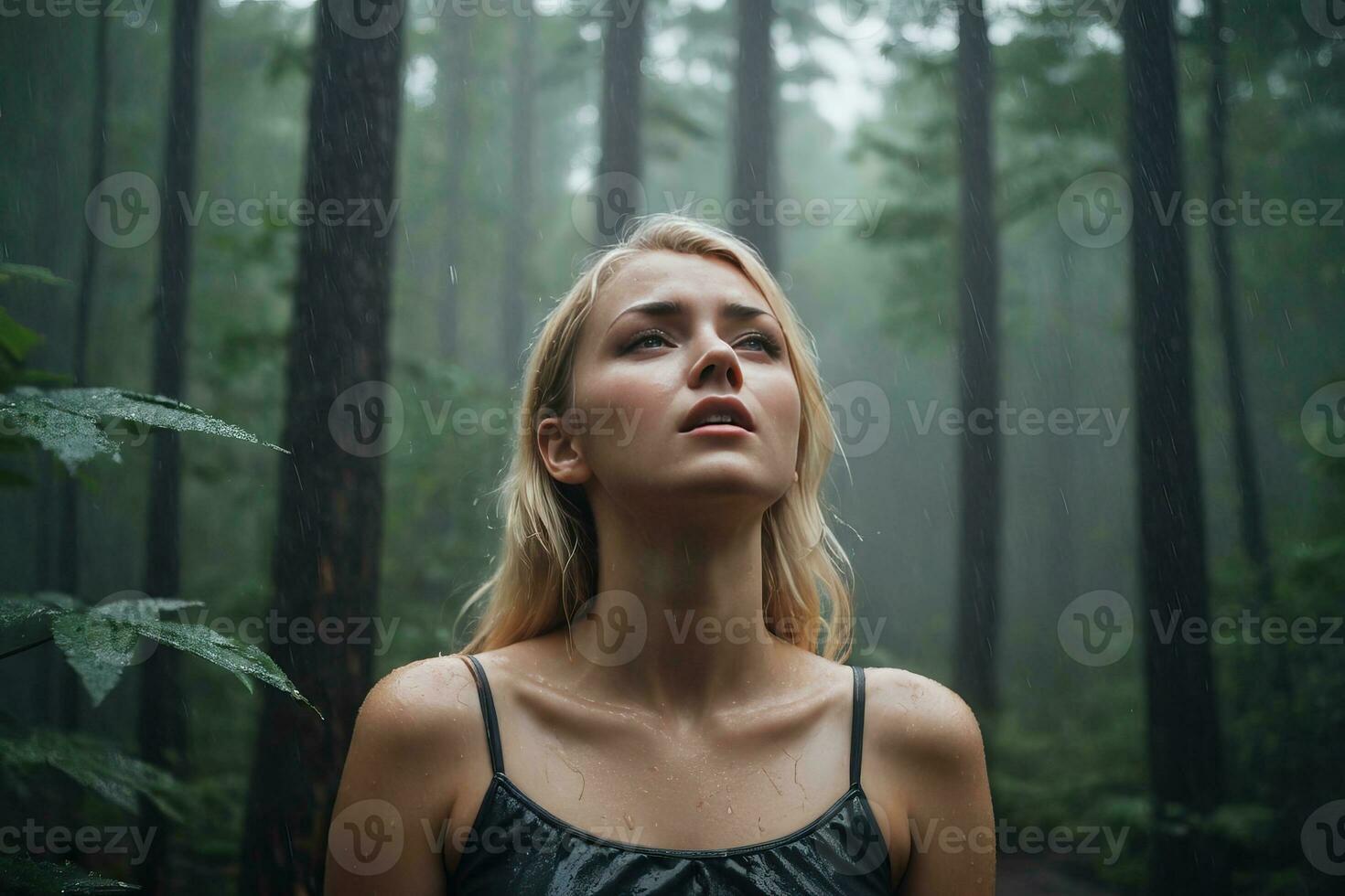 ai généré une femme pleurs dans le pluie tandis que à la recherche en haut à le ciel tandis que dans le milieu de le forêt photo