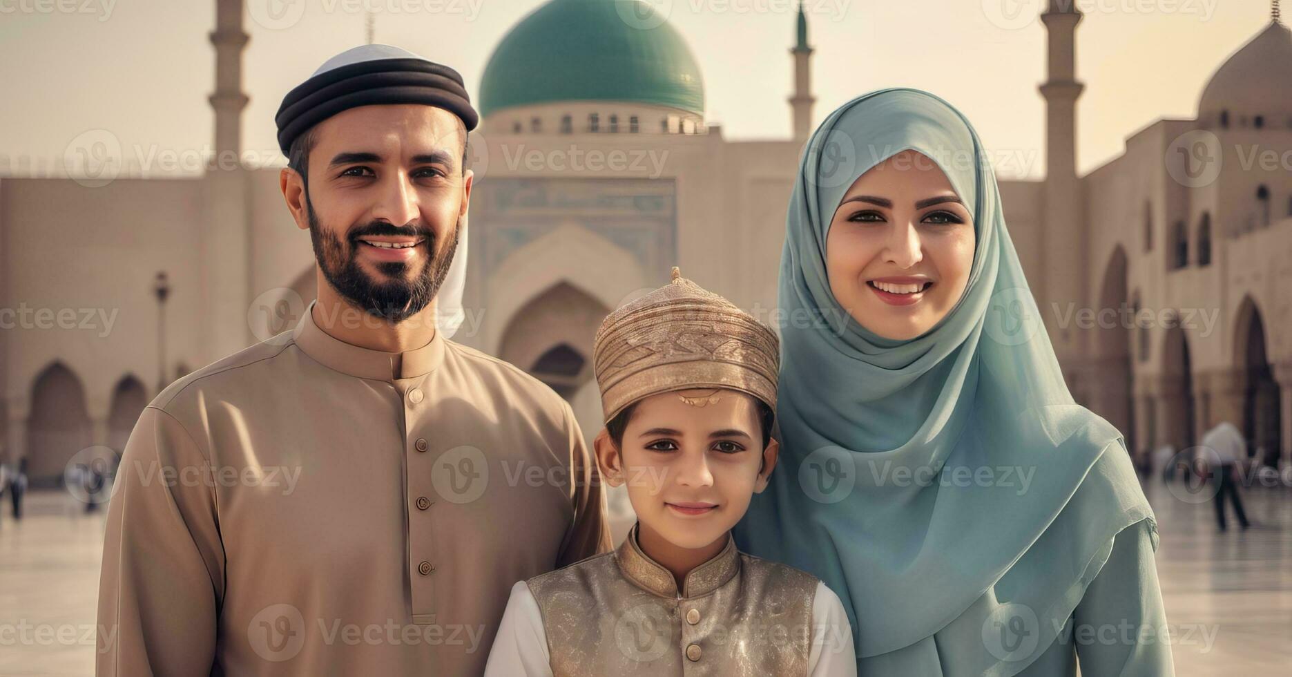 ai généré arabe musulman famille dans de face de une mosquée photo