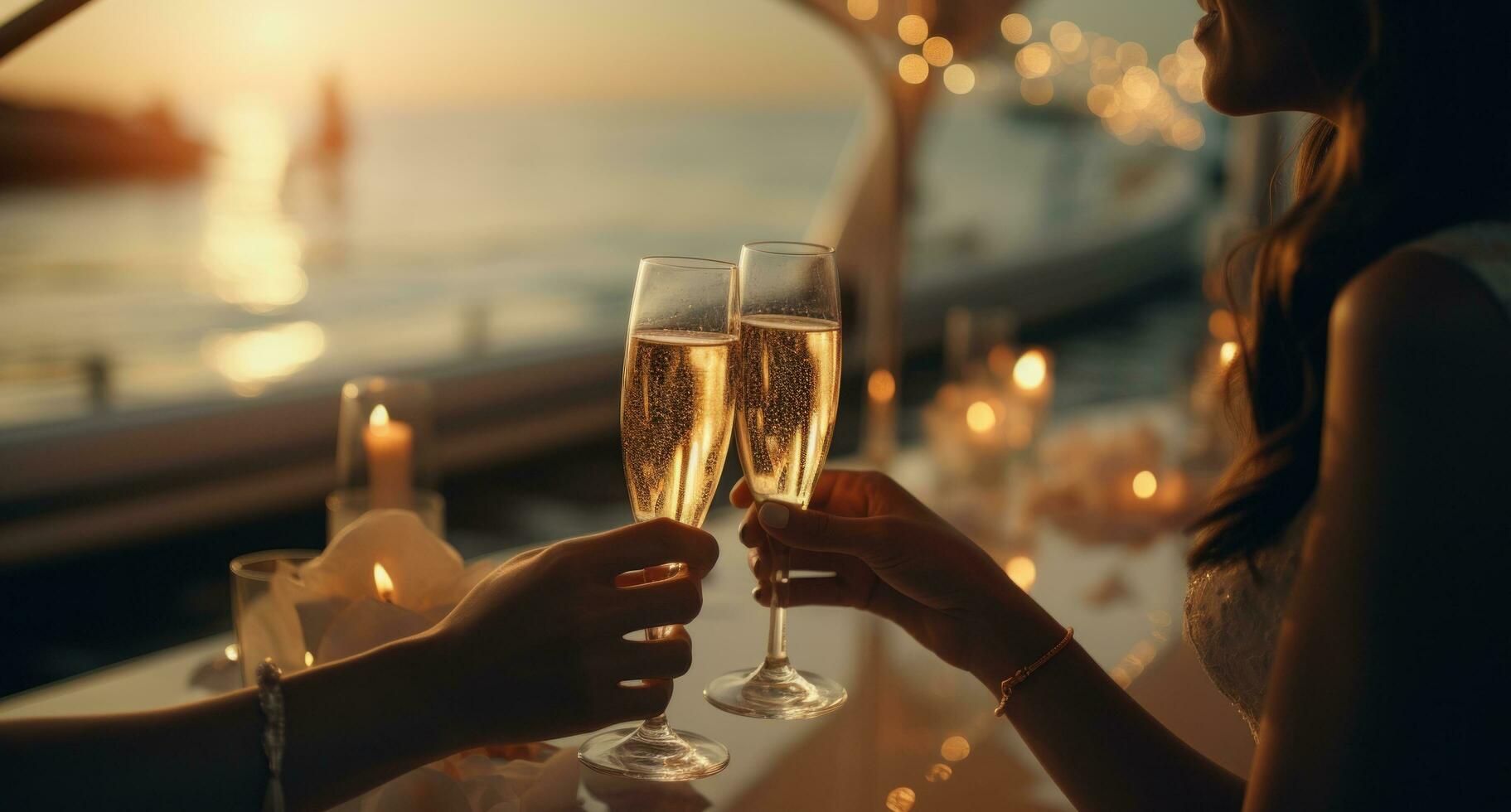 ai généré Champagne pain grillé sur une bateau photo