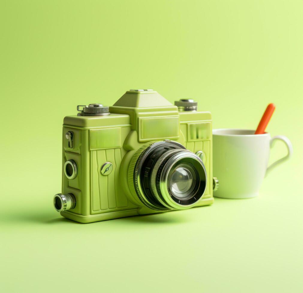 ai généré vert caméra avec tasse sur vert Contexte photo