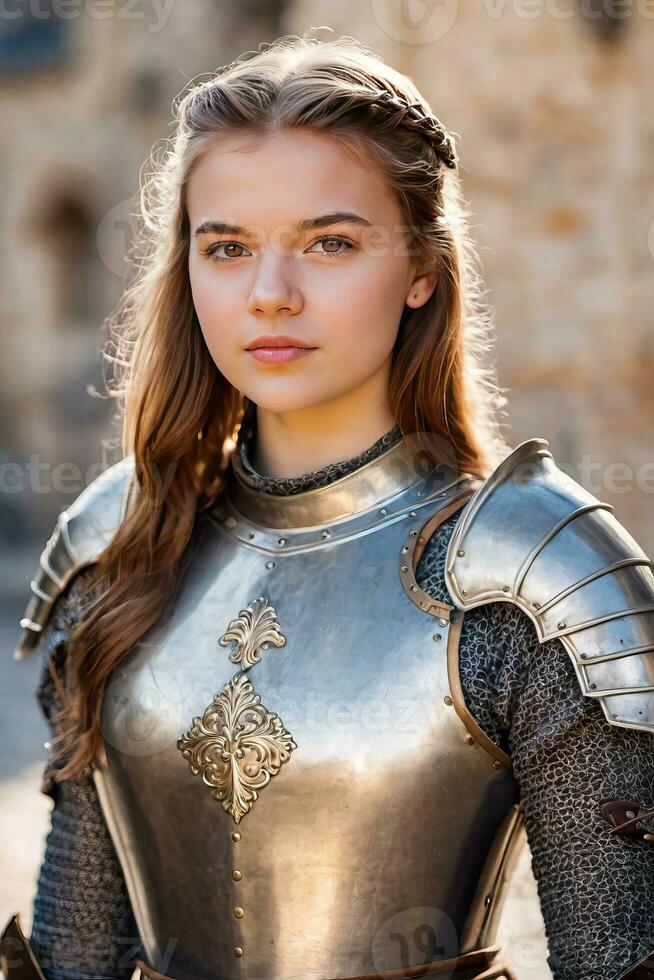 ai généré une Jeune femme dans médiéval armure permanent dans de face de une Château photo