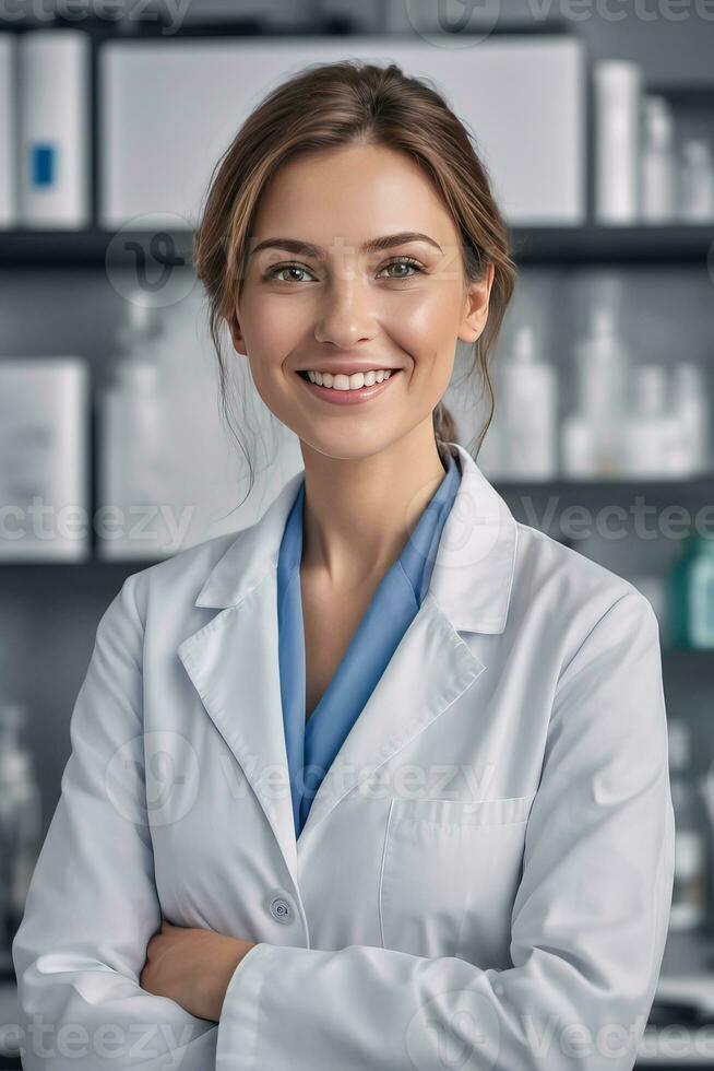 ai généré une magnifique souriant femme portant une laboratoire manteau dans le laboratoire photo