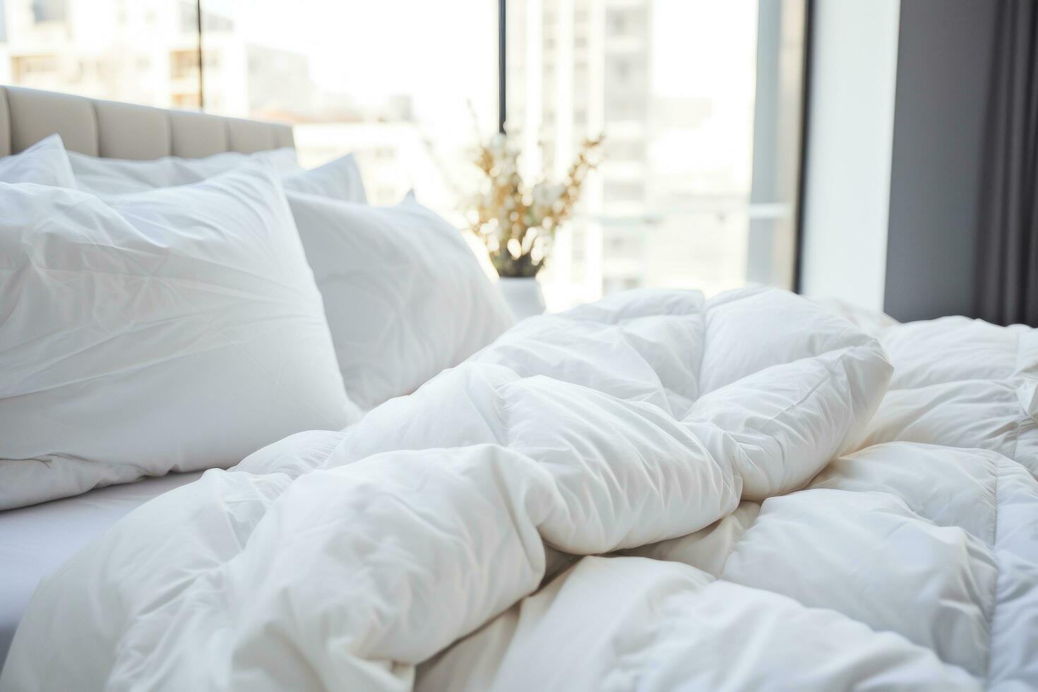 ai généré une lit avec blanc feuilles et oreillers dans une blanc consolateur photo