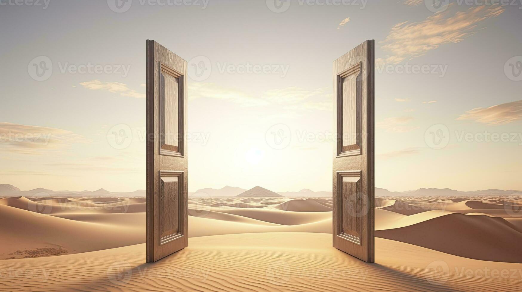 ai généré le ouvert porte sur le désert. inconnue et début en haut concept. ai généré. photo