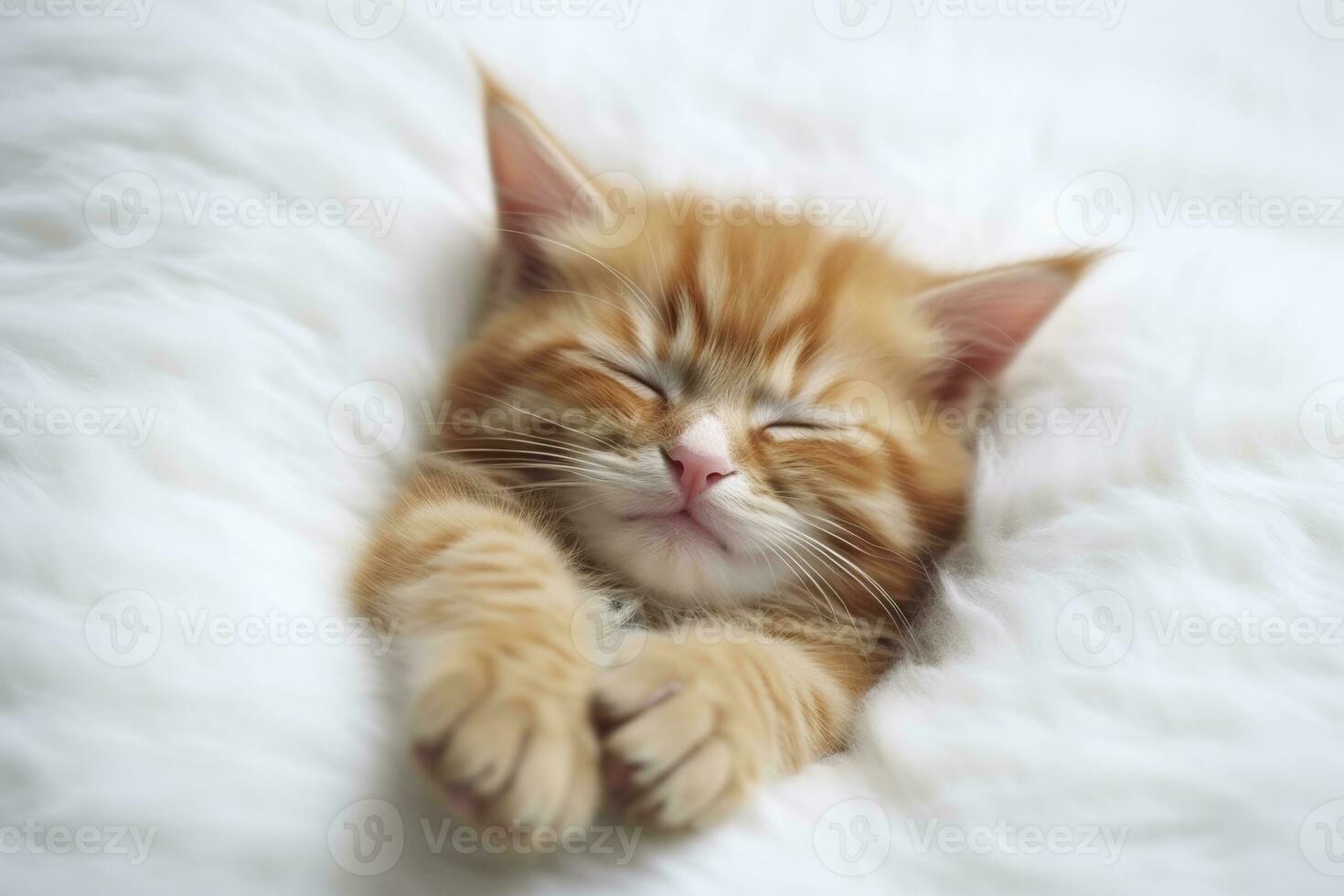 ai généré rouge chaton, chat en train de dormir mignonne sur blanc fourrure. génératif ai photo