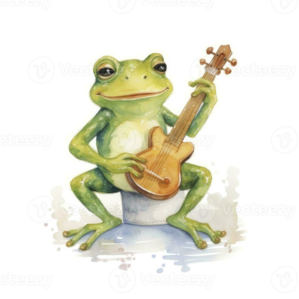 ai généré aquarelle vert grenouille en jouant une minuscule musical instrument sur blanc Contexte. ai généré photo