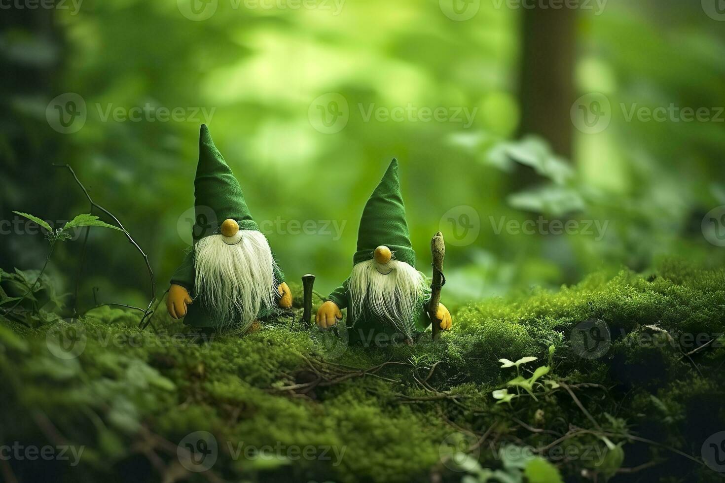 ai généré jouet irlandais gnomes dans une mystère forêt, abstrait vert Naturel Contexte. génératif ai photo