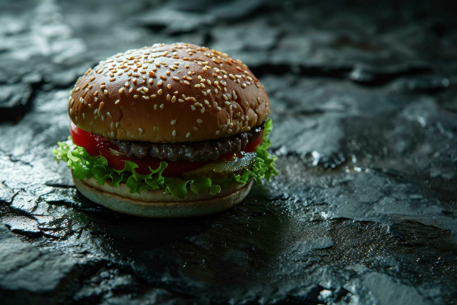 ai généré Hamburger sur noir assiette avec tomates, fromage, salade et certains la glace crème photo