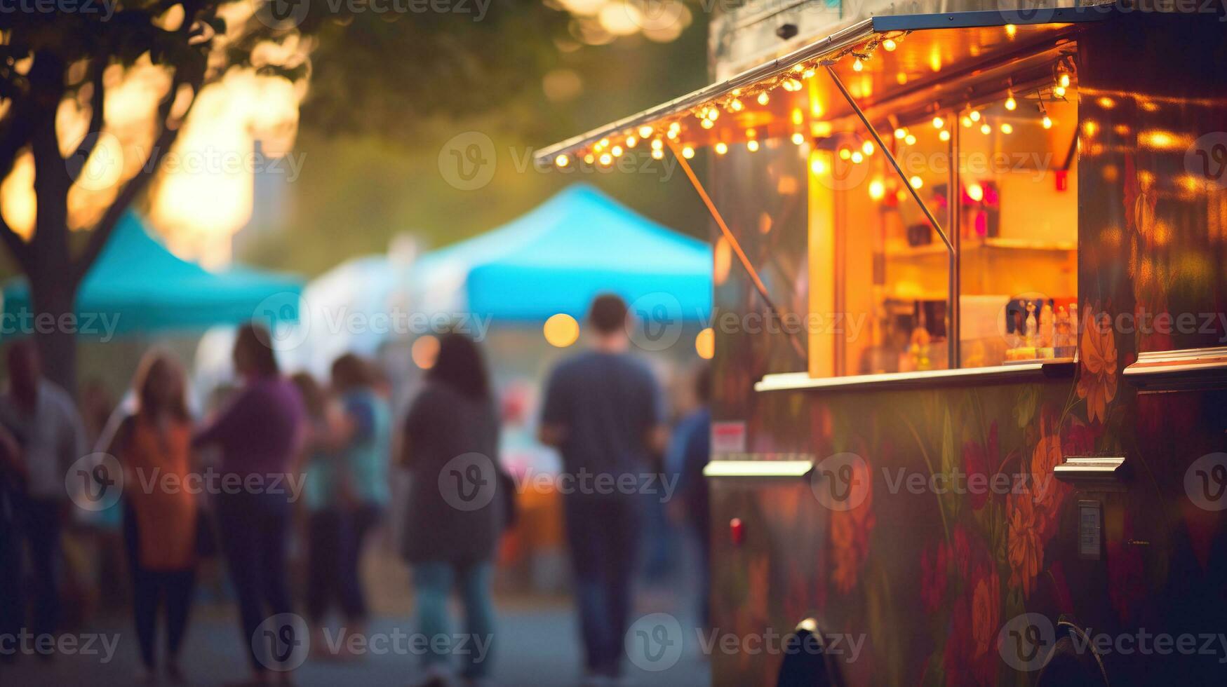 ai généré génératif ai, nourriture un camion rue festival, flou lumières arrière-plan, atmosphérique bokeh, en sourdine couleurs photo