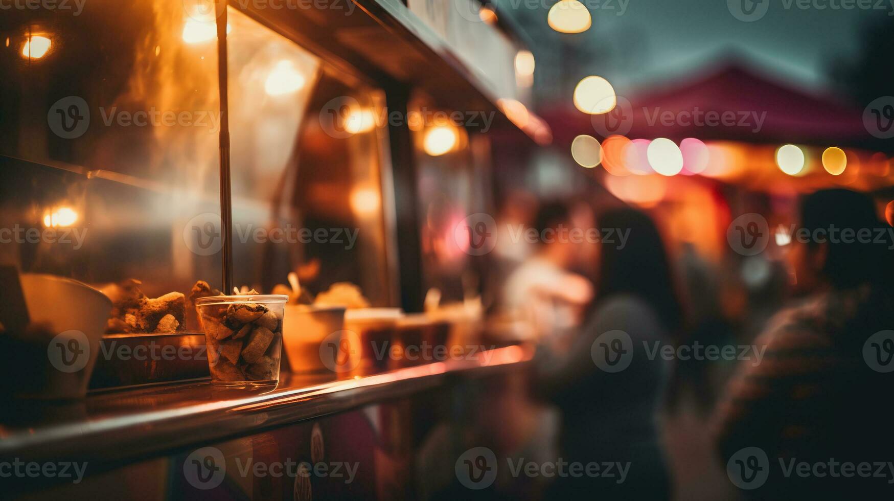 ai généré génératif ai, nourriture un camion rue festival, flou lumières arrière-plan, atmosphérique bokeh, en sourdine couleurs photo