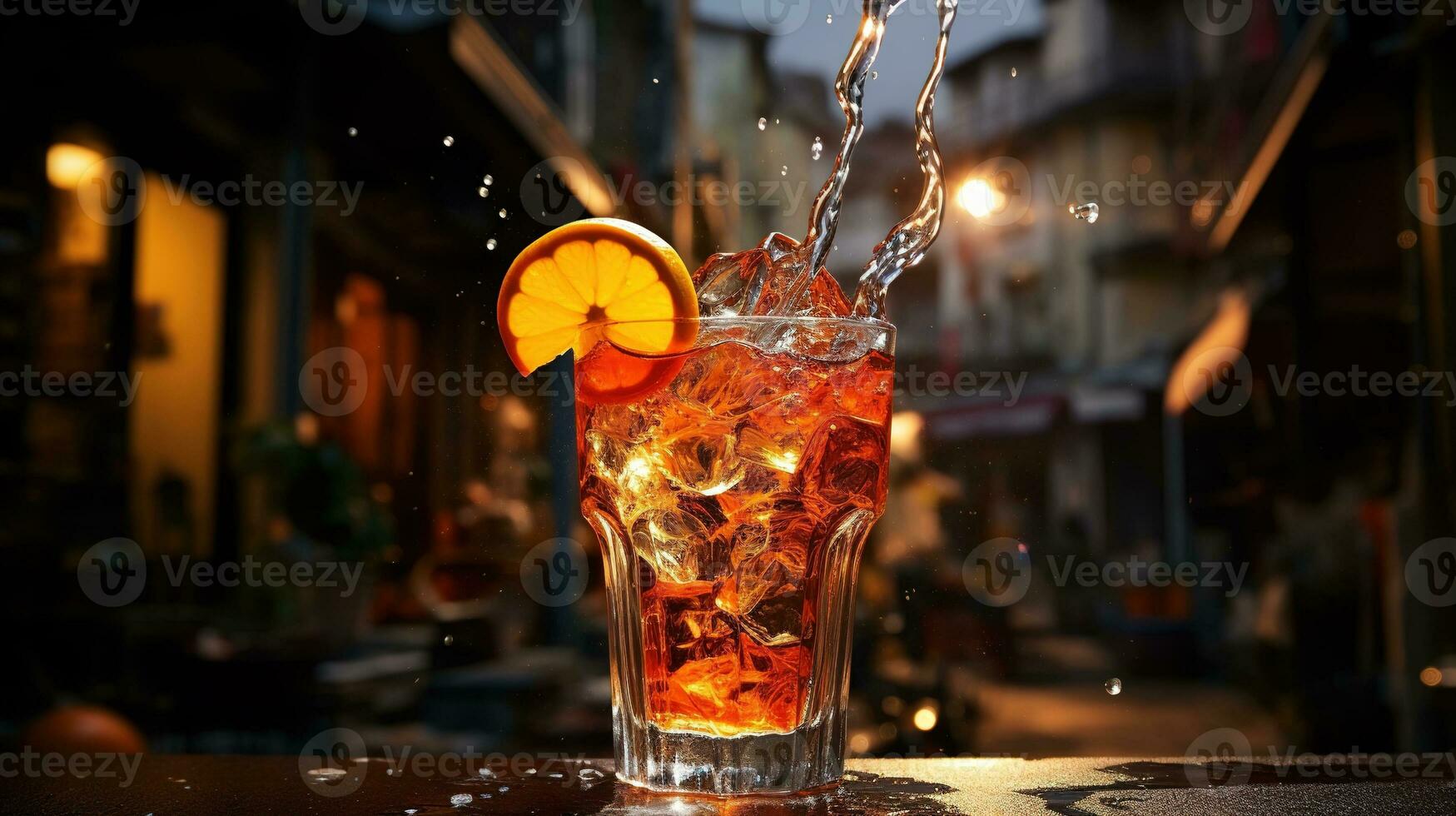 ai généré génératif ai, verre de aperol spritz sur en bois table avec brouiller Contexte avec lumières de rue bar, café ou restaurant photo