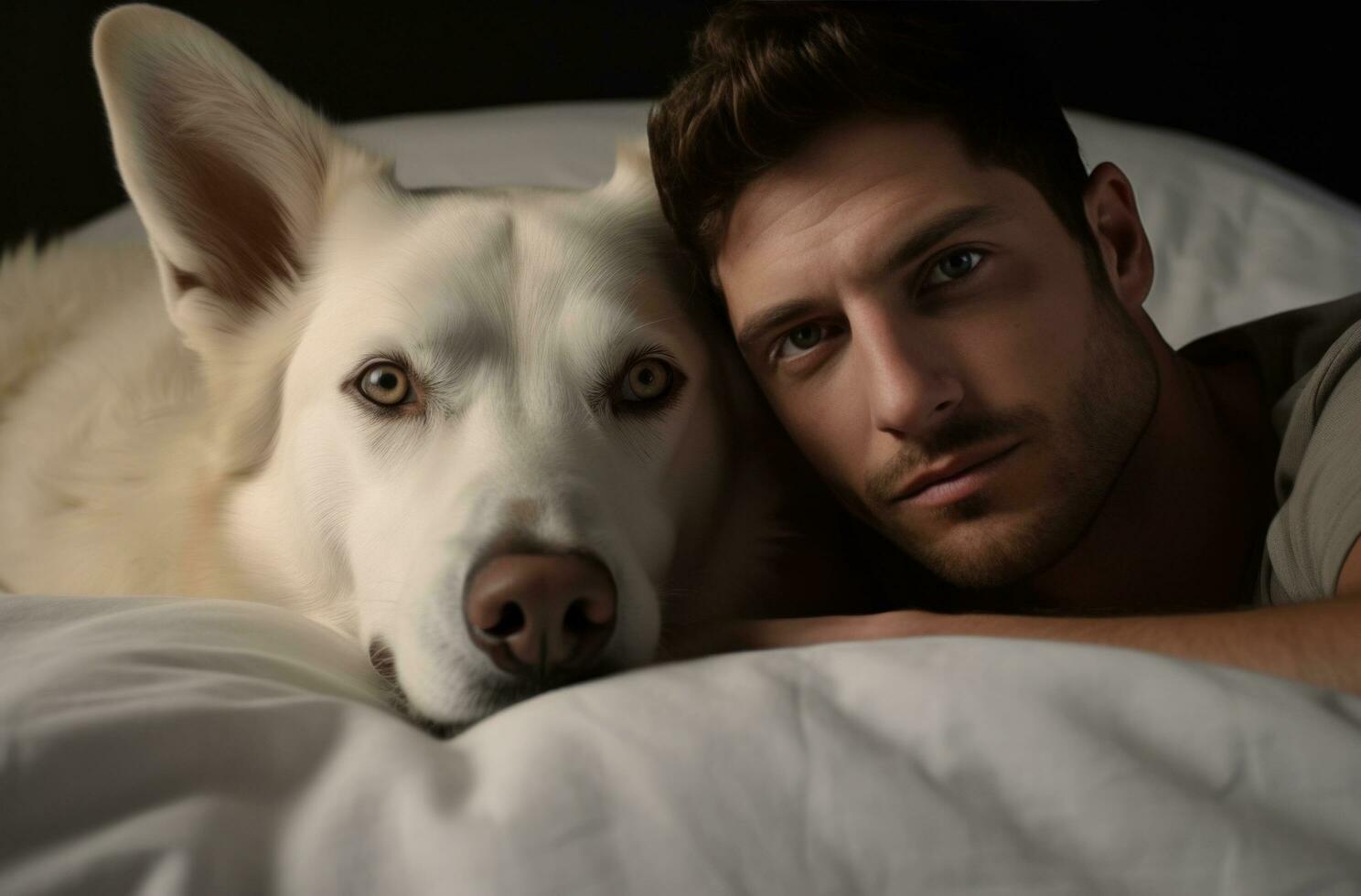 ai généré homme et chien mensonges sur lit suivant à lui photo