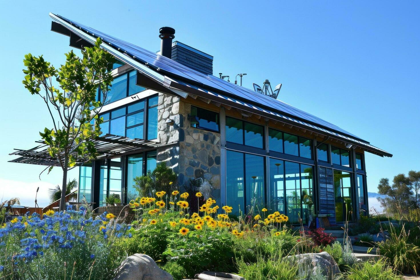 ai généré maison avec solaire panneaux sur une toit par le Soleil photo