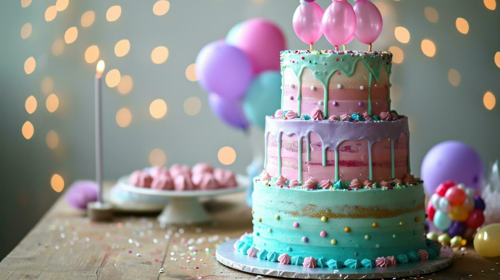 ai généré échelonné anniversaire gâteau avec de fête ballon décorations photo