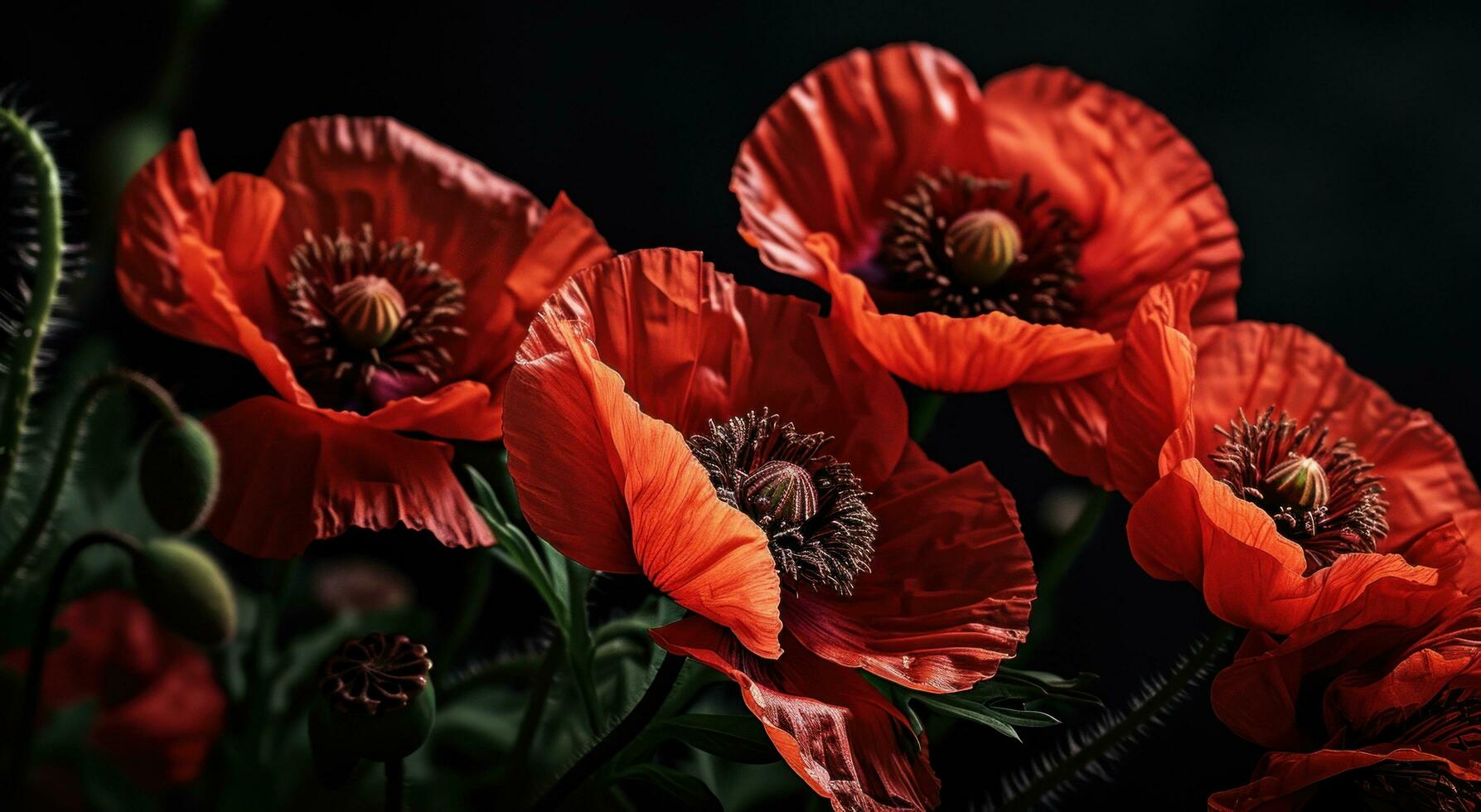 ai généré rouge coquelicots contre noir Contexte photo