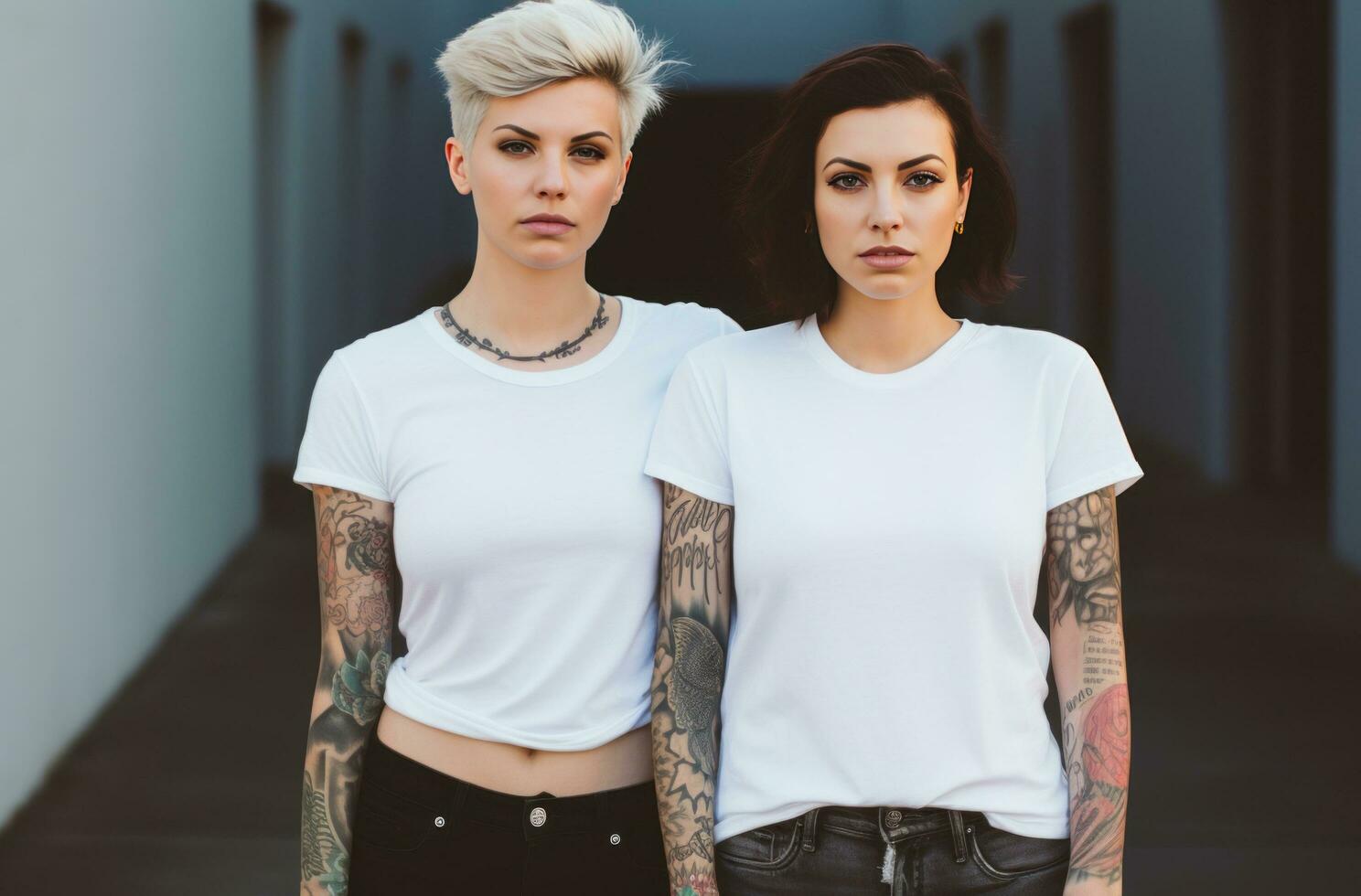 ai généré deux blanc femmes dans jeans et t-shirts blanc femme photo