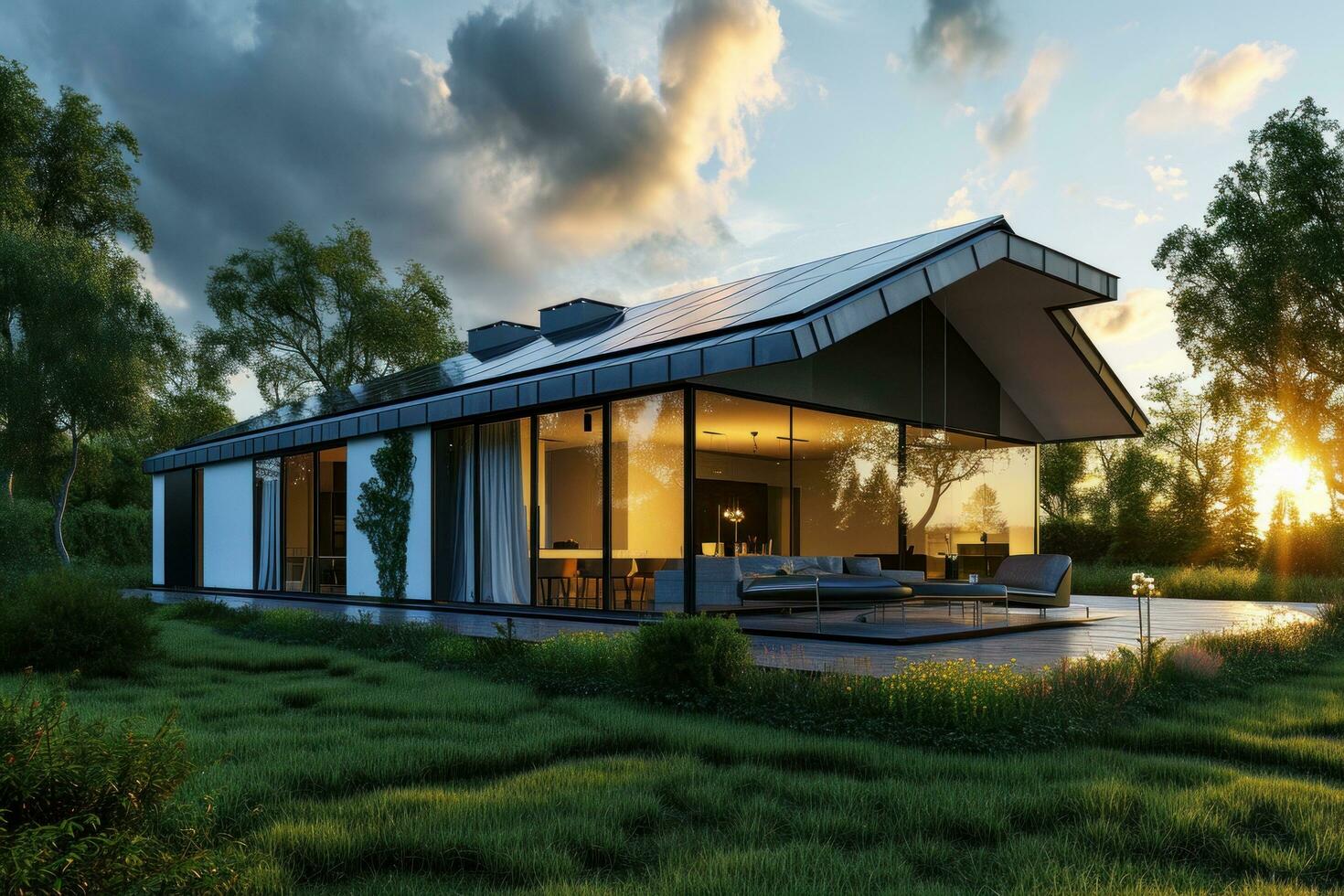 ai généré solaire panneaux sur toit de maison avec un ouvert pelouse photo