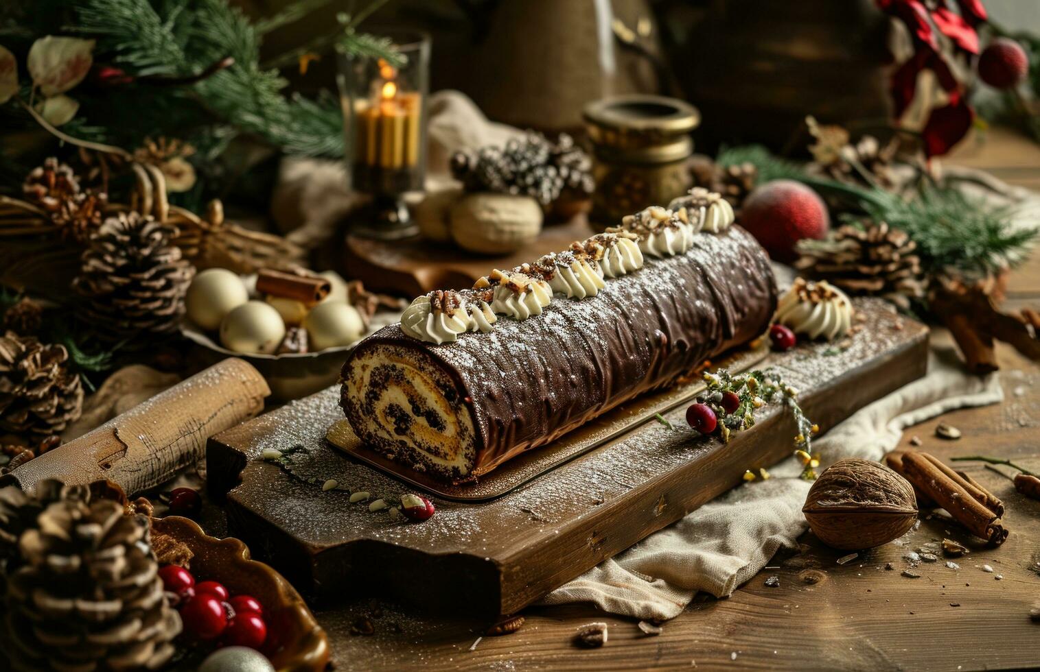 ai généré le Noël roulé gâteau avec Chocolat et des noisettes sur une rustique en bois plateau, photo