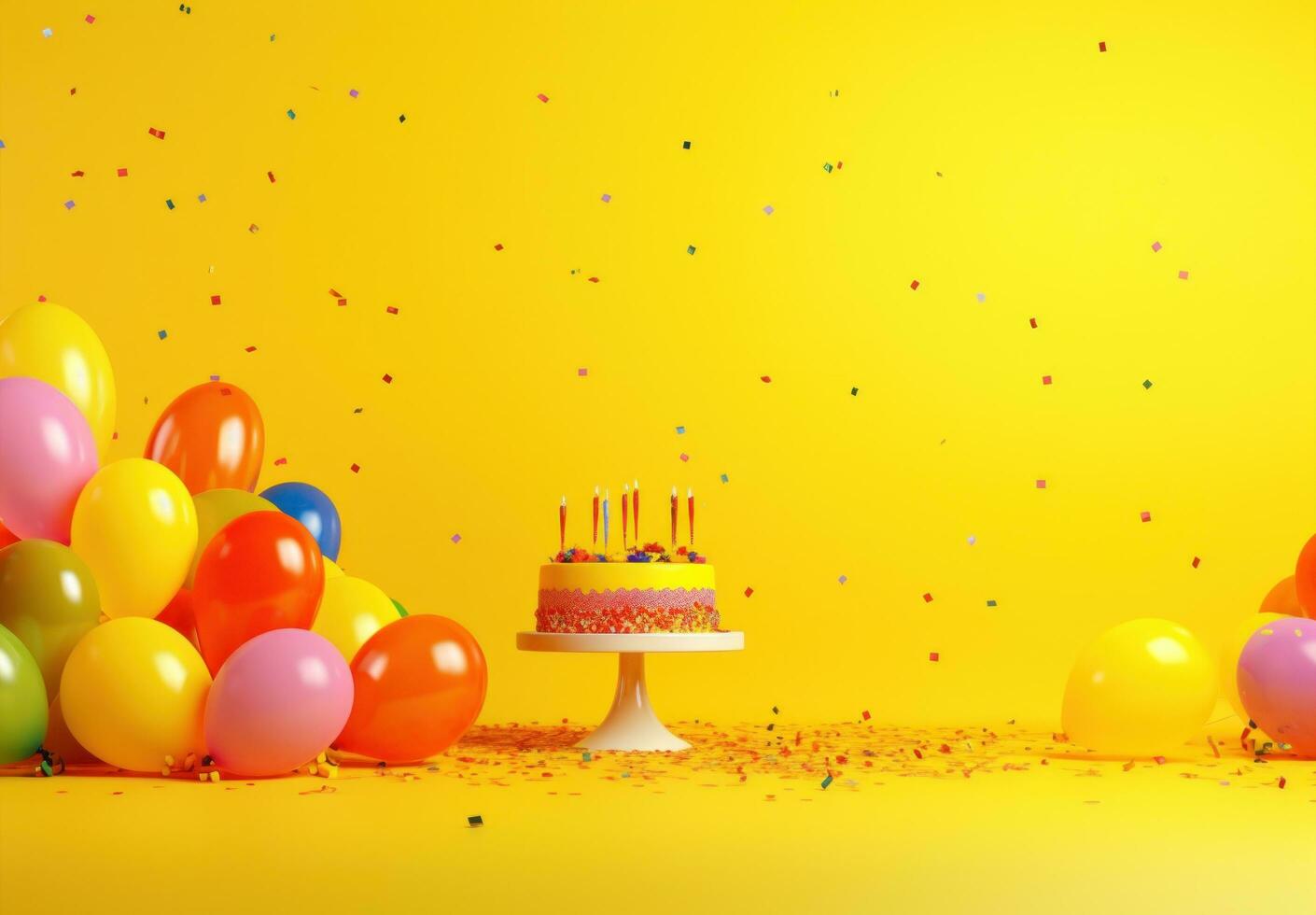 ai généré fête table isolé sur Jaune Contexte avec coloré des ballons autour, photo