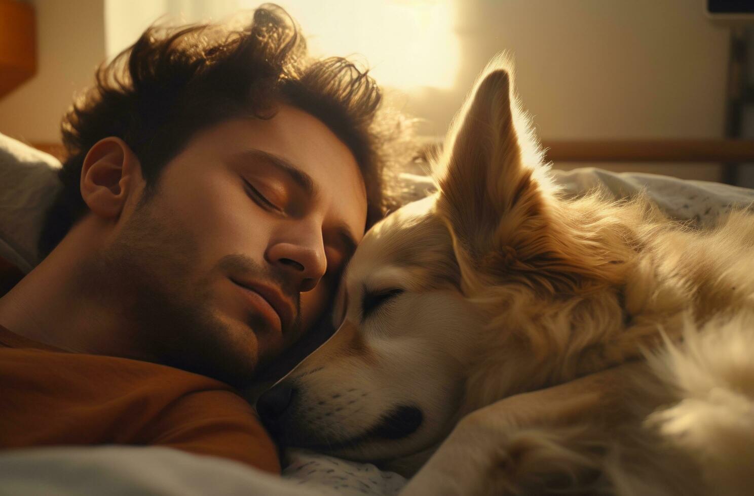 ai généré homme et chien mensonges sur lit suivant à lui photo