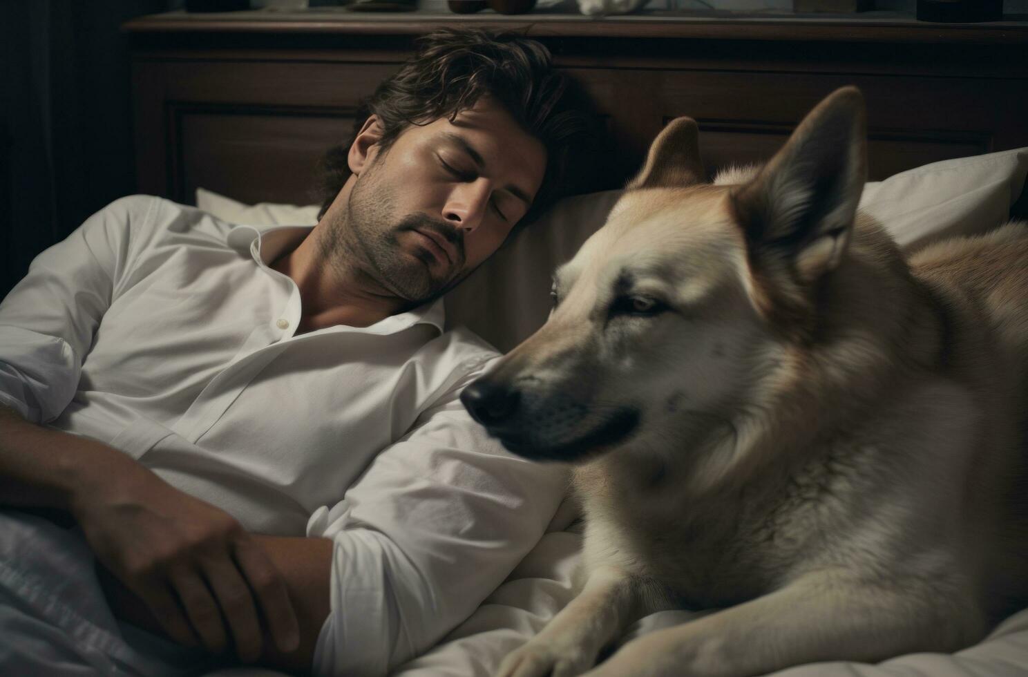 ai généré gens en train de dormir avec chien dans blanc lit à Accueil photo