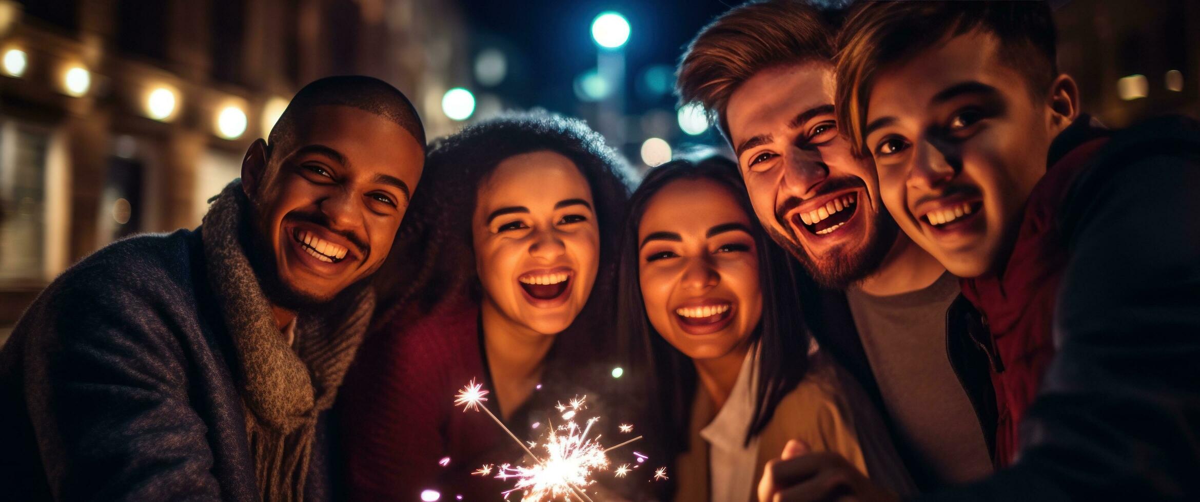 ai généré groupe de gens tenir cierges magiques pour Nouveau année célébrations ensemble, photo