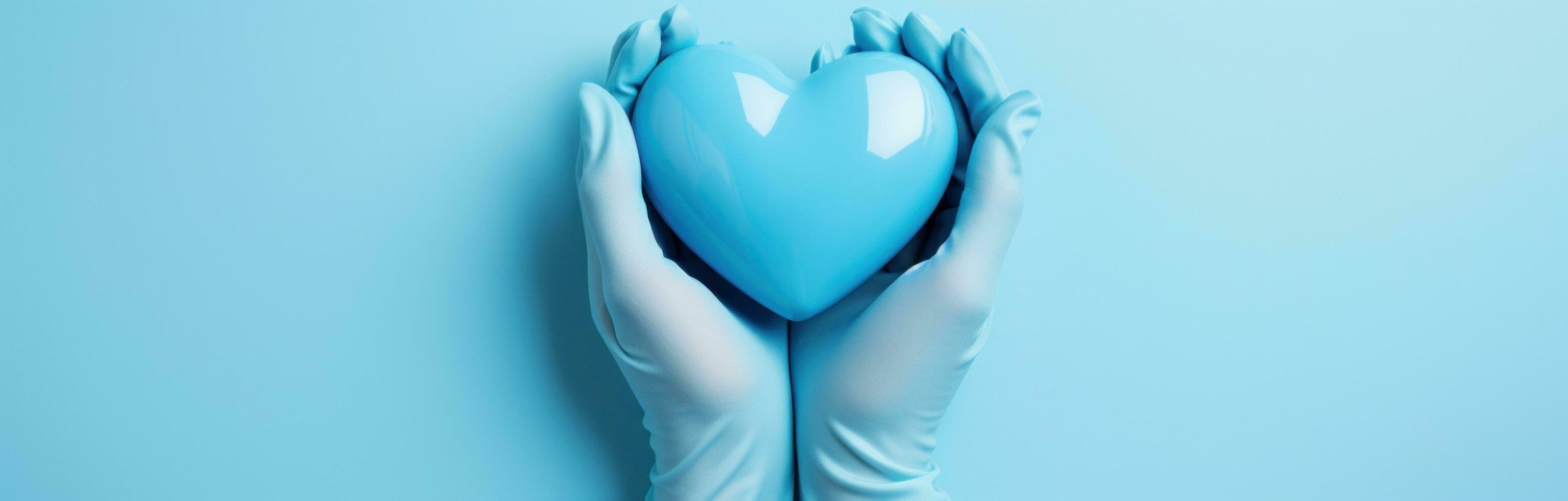 ai généré mains dans bleu gants avec bleu cœur en forme de gant sur bleu arrière-plan, photo