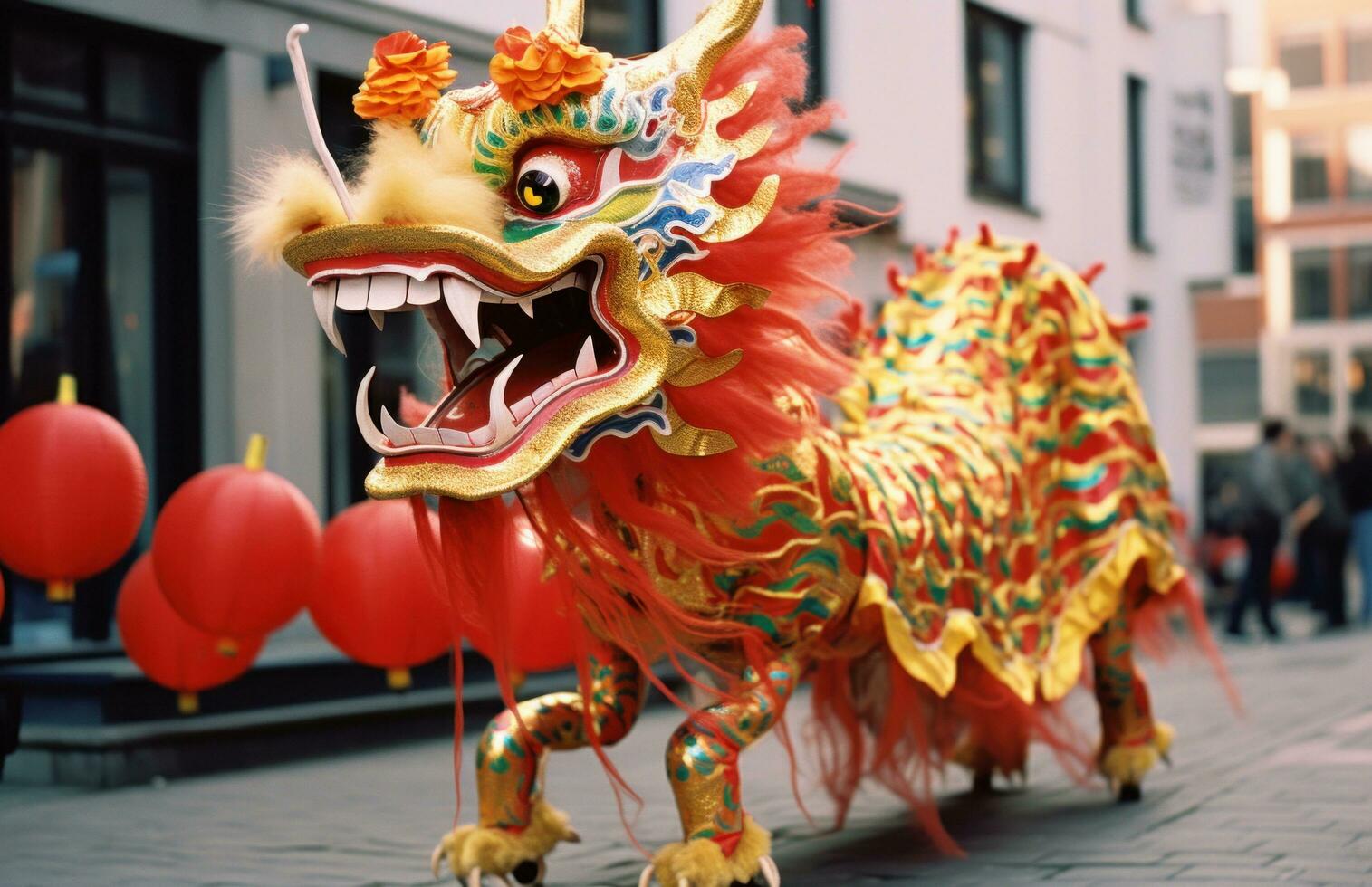 ai généré un chinois dragon est montré équitation sur le rue, photo