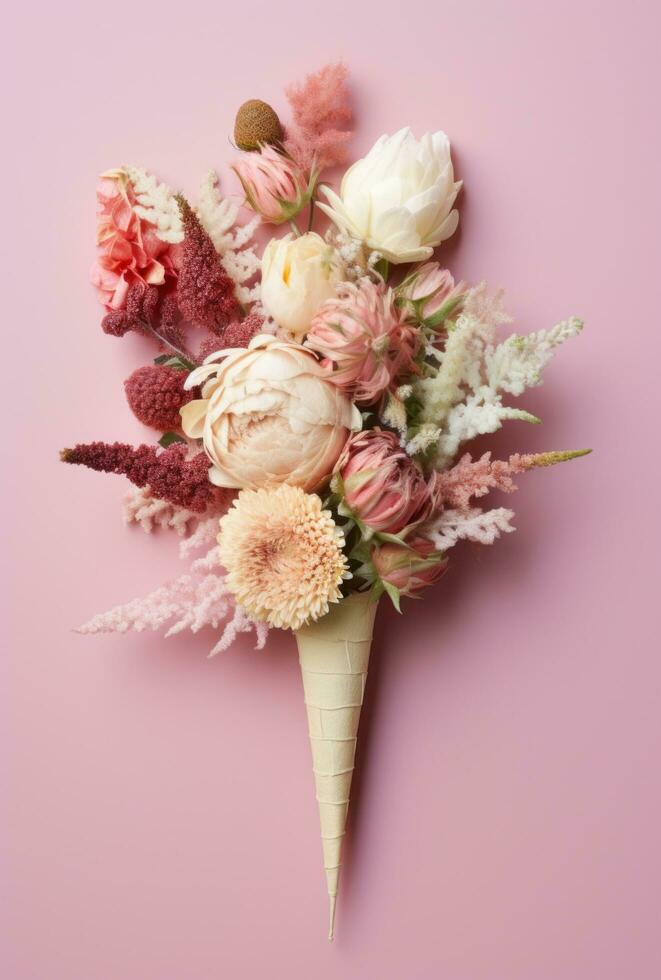 ai généré séché fleur cornet de glace sur rose arrière-plan, photo