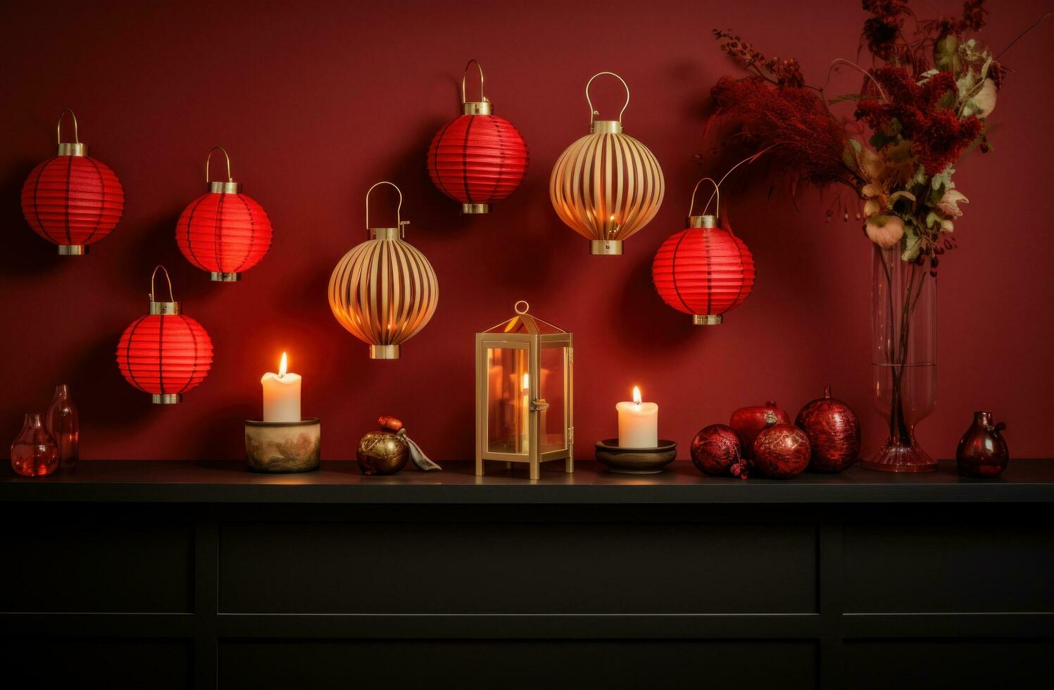 ai généré Nouveau années veille décoration de chinois lanternes dans une vivant pièce photo