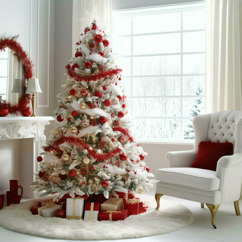 confortable vivant pièce avec magnifique Noël arbre et rouge cadeaux dans moderne intérieur. intérieur de vivant pièce décoré pour joyeux Noël avec chaussettes, cadeau des boites et Noël accessoires par ai généré photo