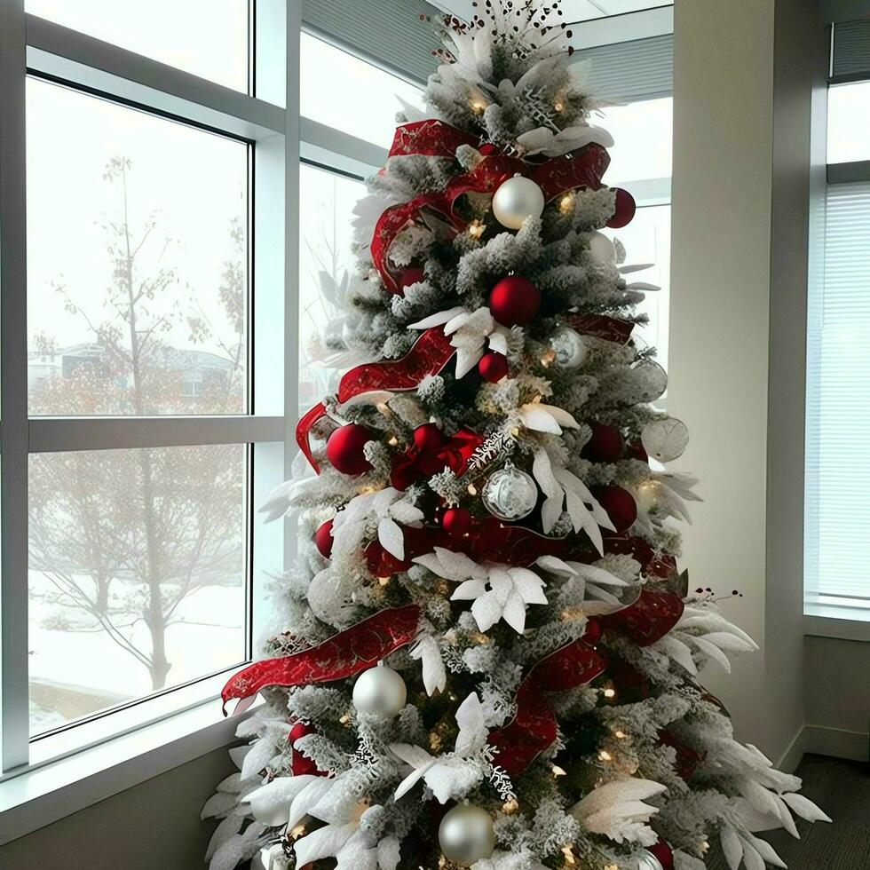 confortable vivant pièce avec magnifique Noël arbre et rouge cadeaux dans moderne intérieur. intérieur de vivant pièce décoré pour joyeux Noël avec chaussettes, cadeau des boites et Noël accessoires par ai généré photo