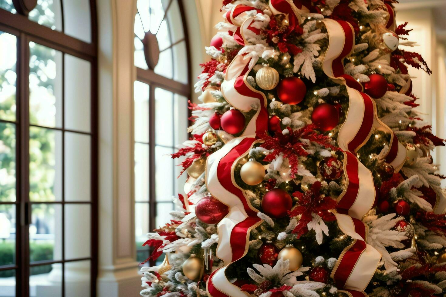 confortable vivant pièce avec magnifique Noël arbre et rouge cadeaux dans moderne intérieur. intérieur de vivant pièce décoré pour joyeux Noël avec chaussettes, cadeau des boites et Noël accessoires par ai généré photo