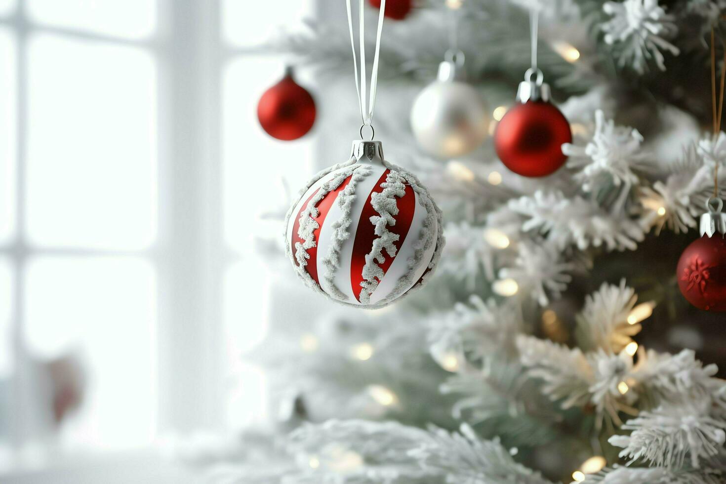 confortable vivant pièce avec magnifique Noël arbre et rouge cadeaux dans moderne intérieur. intérieur de vivant pièce décoré pour joyeux Noël avec chaussettes, cadeau des boites et Noël accessoires par ai généré photo