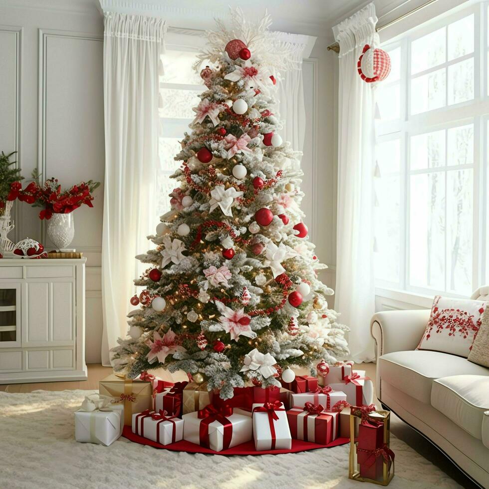 confortable vivant pièce avec magnifique Noël arbre et rouge cadeaux dans moderne intérieur. intérieur de vivant pièce décoré pour joyeux Noël avec chaussettes, cadeau des boites et Noël accessoires par ai généré photo