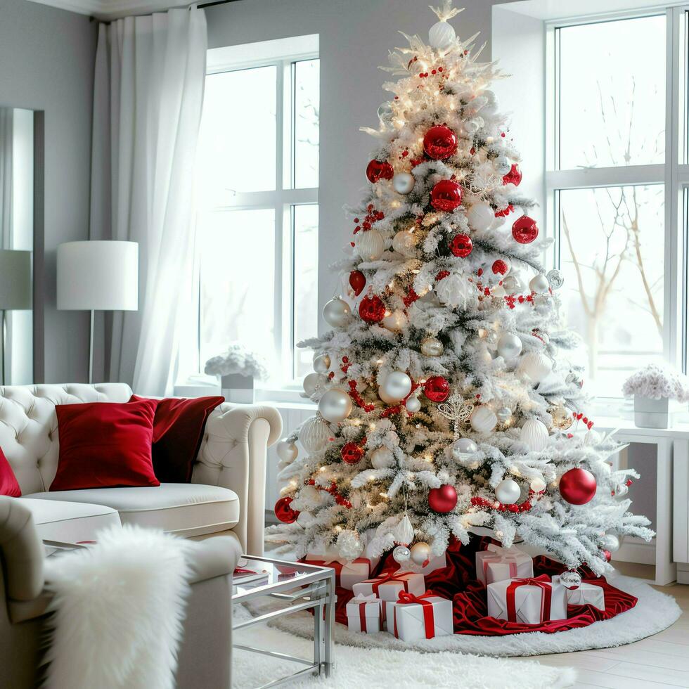 confortable vivant pièce avec magnifique Noël arbre et rouge cadeaux dans moderne intérieur. intérieur de vivant pièce décoré pour joyeux Noël avec chaussettes, cadeau des boites et Noël accessoires par ai généré photo